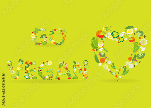 Heart of vegetable pattern with an inscription go vegan, for web and print decoration