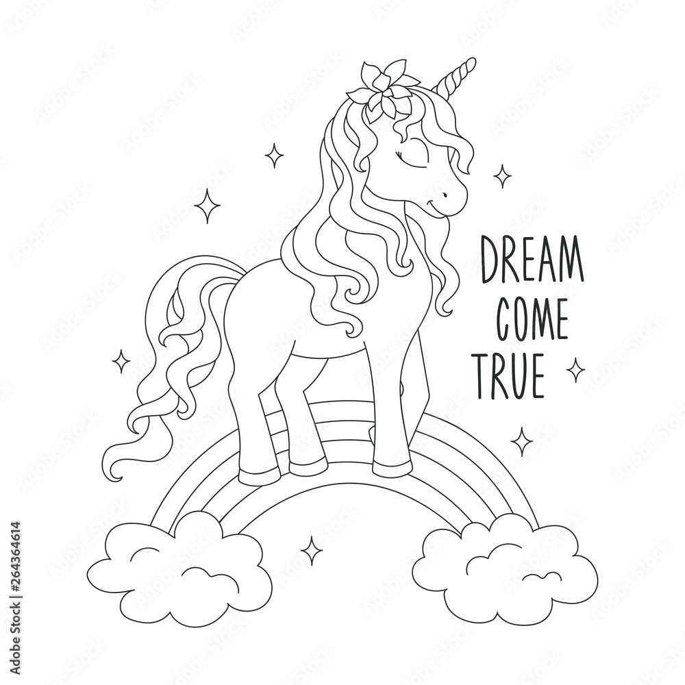 Unicorn on a rainbow. Coloring pages. Dream come true text. Design ...