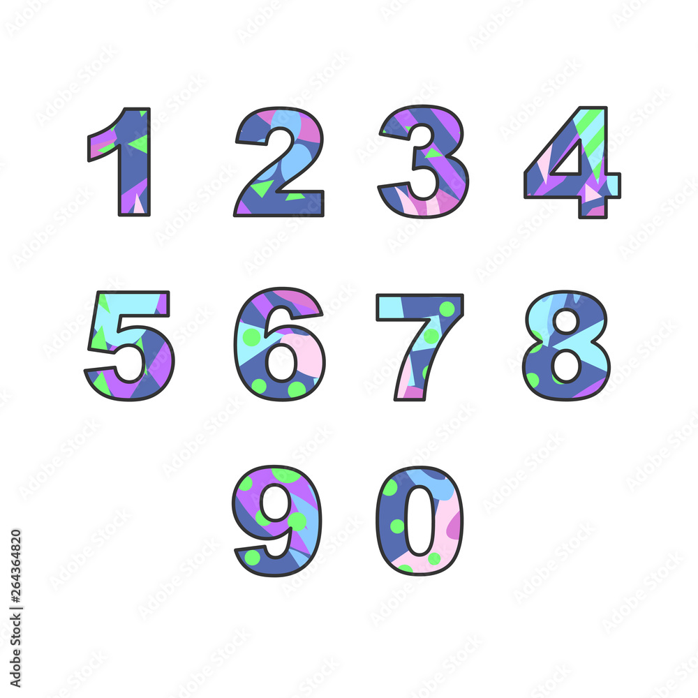 Set of numbers with unique bright fill. Great for postcard, textiles, advertising,  invitation for a holiday and other design.