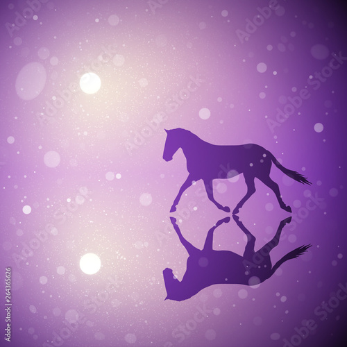 Running horse at sunrise. Vector conceptual illustration with silhouette of beautiful animal reflected in water in park. Pastel background with sun and flying fluff