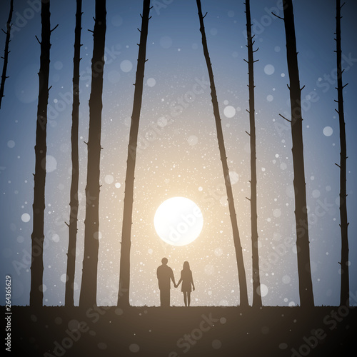Lovers in forest at sunset. Vector conceptual illustration with silhouette of loving couple. Pastel background with sun and flying fluff