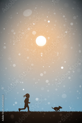 Little girl with dog at sunset. Vector conceptual illustration with silhouettes of running child with pet in park. Pastel background with sun and flying fluff