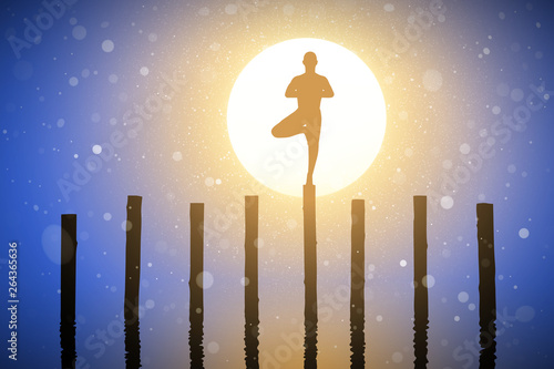 Yoga at sunrise. Vector conceptual illustration with silhouette of yogi standing on log. Pastel background with sun and flying fluff