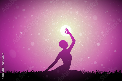 Yoga at sunset. Vector conceptual illustration with silhouette of yoga girl on grass. Pastel background with sun and flying fluff