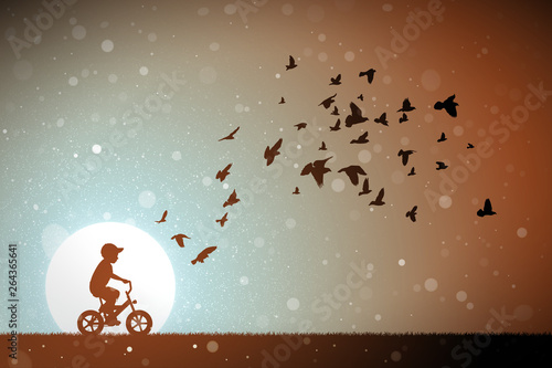 Boy on bike and pigeons at sunset. Vector conceptual illustration with silhouettes of child on bicycle and flocks of birds in park. Pastel background with sun and flying fluff