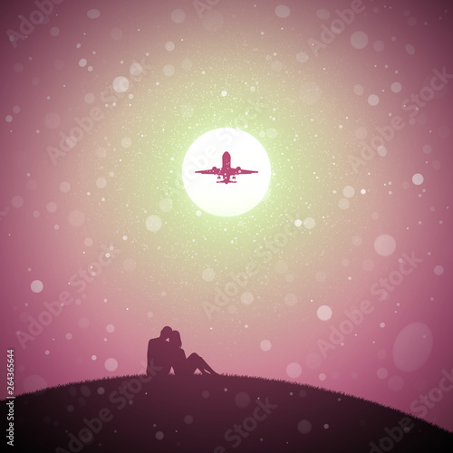 Lovers and flying aircraft at sunset. Vector conceptual illustration with silhouette of couple sitting on hill in park. Pastel background with sun and flying fluff