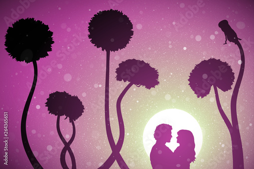 Lovers and dandelions at sunset. Vector conceptual illustration with silhouette of loving couple. Pastel background with sun and flying fluff