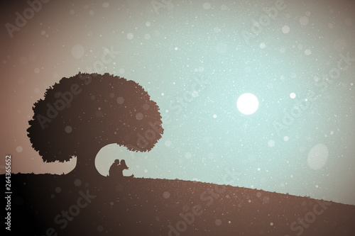 Lovers under tree at sunset. Vector conceptual illustration with silhouette of loving couple. Pastel background with sun and flying fluff