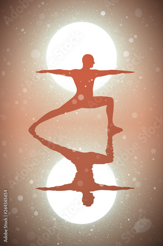 Yoga at sunset. Vector conceptual illustration with silhouette of yogi in pose of warrior. Pastel background with sun and flying fluff