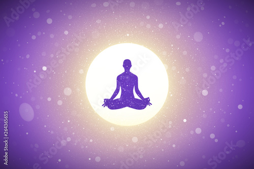 Yoga at sunrise. Vector conceptual illustration with silhouette of yoga girl in lotus pose. Pastel background with sun and flying fluff