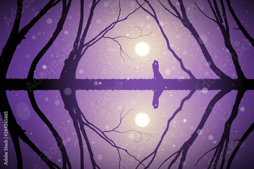 Lovers among trees at sunrise. Vector conceptual illustration with silhouette of loving couple. Pastel background with sun and flying fluff