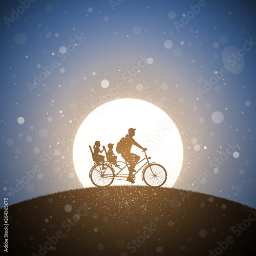 Father with children on bicycle at sunrise. Vector conceptual illustration with silhouette of family riding bike on hill in park. Pastel background with sun and flying fluff