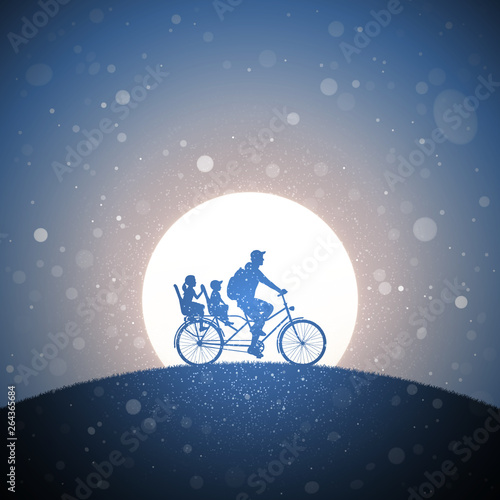 Father with children on bicycle at sunset. Vector conceptual illustration with silhouette of family riding bike on hill in park. Pastel background with sun and flying fluff
