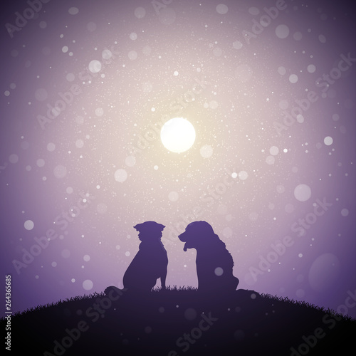 Dog friends at sunrise. Vector conceptual illustration with silhouettes of two animals sitting on hill in park. Pastel background with sun and flying fluff