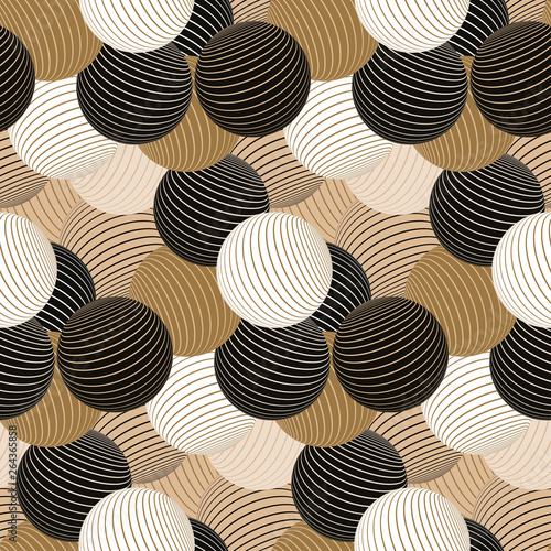 striped balls floating seamless pattern in gold ivory black