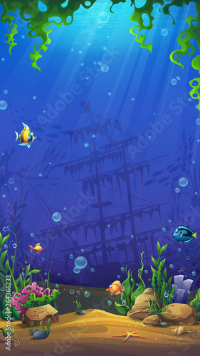 Background of the underwater world with sand, stones, fish, algae