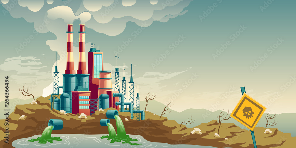 Air, water and soil pollution by industrial production cartoon vector  concept. Working plant, factory emitting smoke through chimneys, pouring  toxic waste chemicals in river through pipes illustration Stock Vector |  Adobe Stock