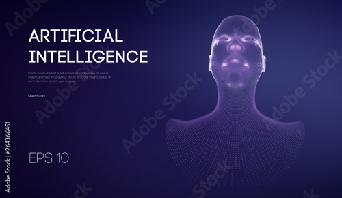 Ai digital brain. Artificial intelligence concept. Human head in robot digital computer interpretation. Wireframe head concept.