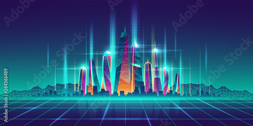 Modern metropolis illuminated neon lights futuristic skyscrapers buildings on digital simulation grid cartoon vector illustration. Future city virtual model, game urban background. Nightlife concept