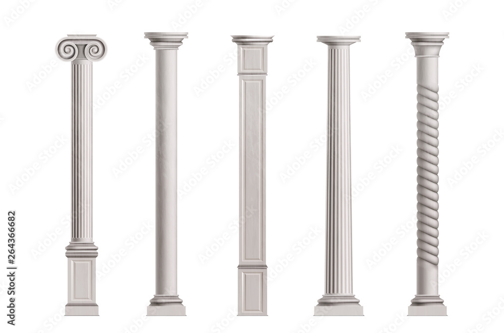 Cubic and cylindrical columns of white marble stone with smooth and textured surface 3d realistic vector illustrations set isolated on white background. Antique or classic architecture design elements Cubic and cylindrical columns of white marble stone with smooth and textured surface 3d realistic vector illustrations set isolated on white background. Antique or classic architecture design elements