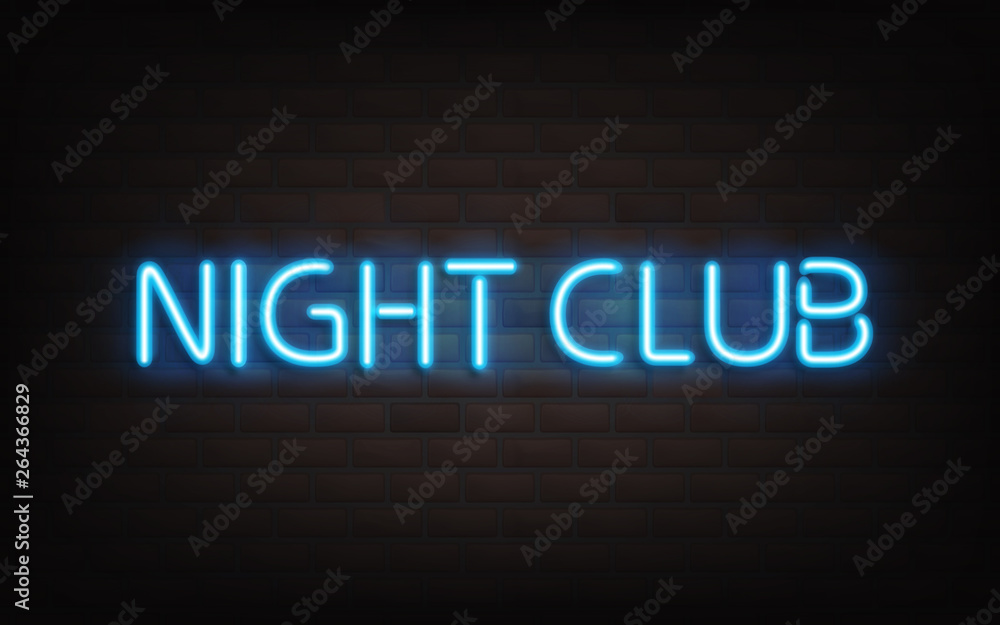 Night club neon lettering on dark brick wall background. Blue shining highly detailed realistic glowing sign, signboard, light banner for nightlife event entertainment, inscription Vector Illustration