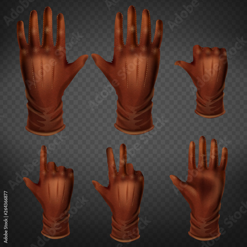 Hand in leather glove gestures in different positions set isolated on transparent background. Human palm show direction, pointing, and represent fingers and thumb. Realistic 3d vector illustration.