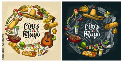 Circle shape set mexican food engraving. Cinco de Mayo lettering.