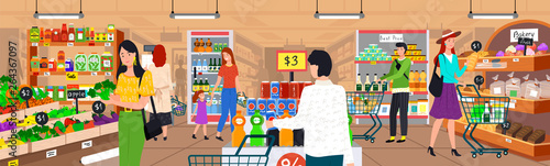 Supermarket interior vector, vegetables and bakery store, veggie and sweets hypermarket with products, grocery. Man with shopping cart trolley purchase