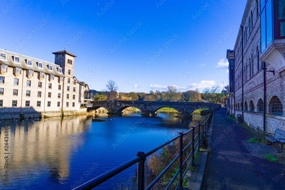 Cityscape of River Kent at Lound Road in Kendal, Cumbria, England in blue sky day