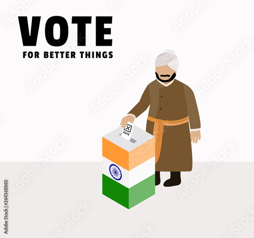 India election day campaign for Indian people or voter drop ballot in box or case to choose government, character of Indian man cartoon , polling box vector and illustration