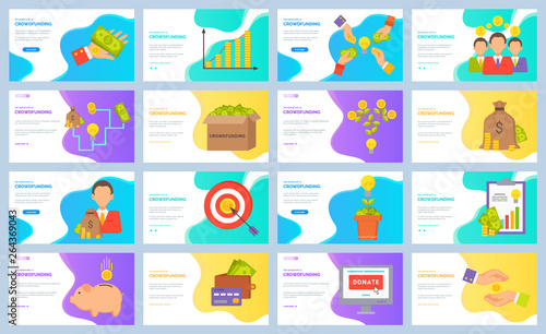 Crowdfunding vector, hand with money people successful team and pig with gold coin. Target aim, monitor donation, business activity clipboard. Website or webpage template, landing page flat style