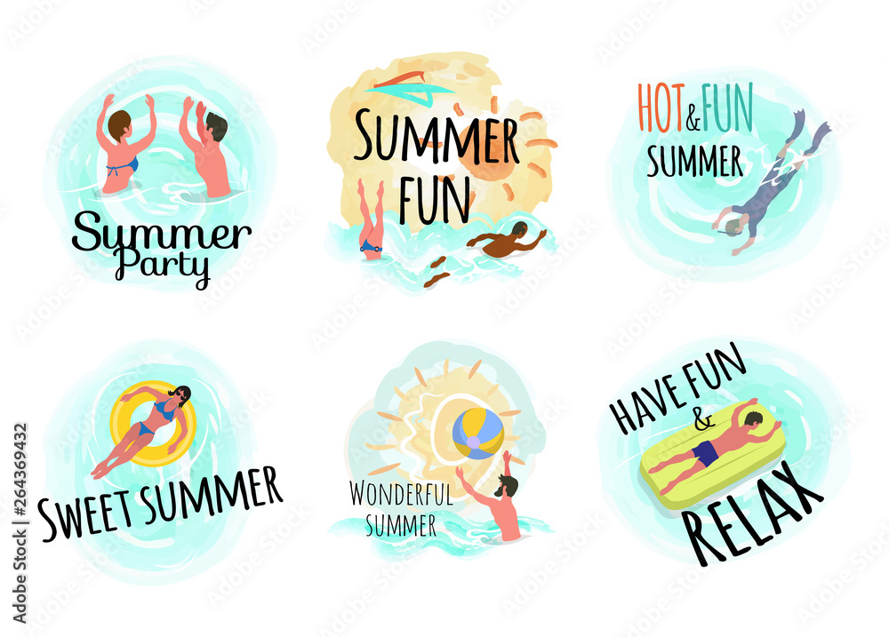 Sweet summer hot and fun vector, man laying on mattress and woman on lifebuoy. Male scuba diving, people swimming in water, person with ball waterpolo Sweet summer hot and fun vector, man laying on mattress and woman on lifebuoy. Male scuba diving, people swimming in water, person with ball waterpolo
