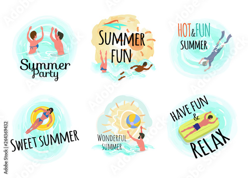 Sweet summer hot and fun vector, man laying on mattress and woman on lifebuoy. Male scuba diving, people swimming in water, person with ball waterpolo