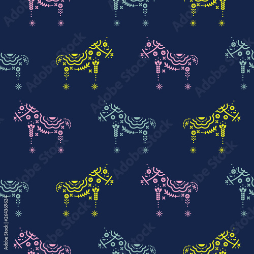 Horse seamless pattern with floral decorative silhouette texture blue background.