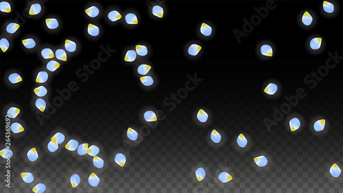 Vector Realistic Blue Petals Falling on Transparent Background.  Spring Romantic Flowers Illustration. Flying Petals. Sakura Spa Design. Blossom Confetti.