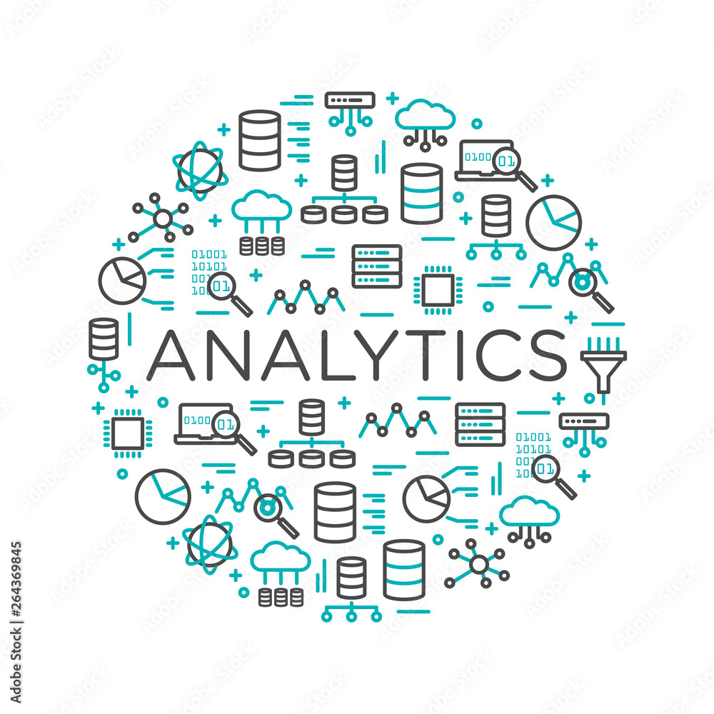 The words Analytics surrounded by icons of database, cloud computing, server, network icons. Vector background illustration.