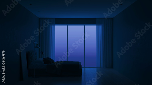 Modern house interior. Interior bedroom with glass partitions. Night. Evening lighting. 3D rendering.