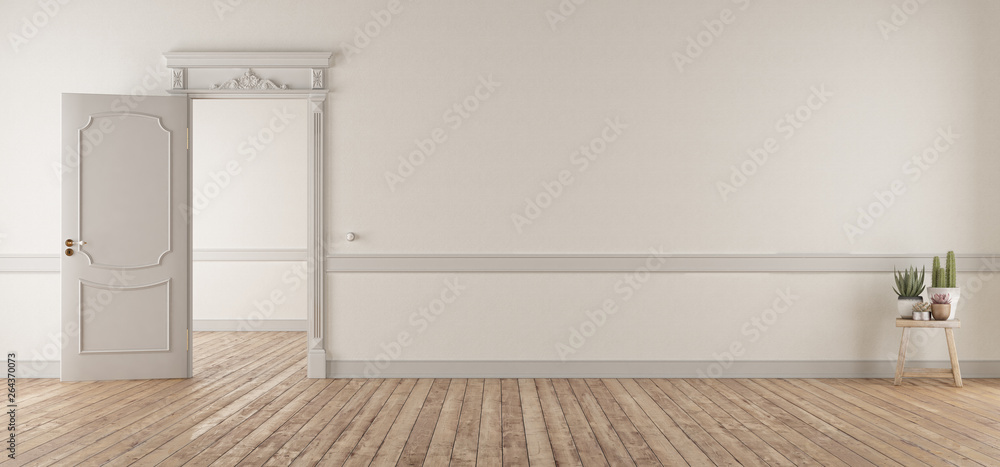 White living room in classic style with open door - obrazy, fototapety, plakaty 