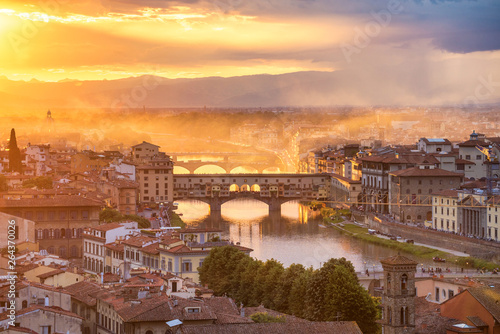Beautiful sunset landscape view of Ponte Vecchio bridge in Florence, Italy. Europe