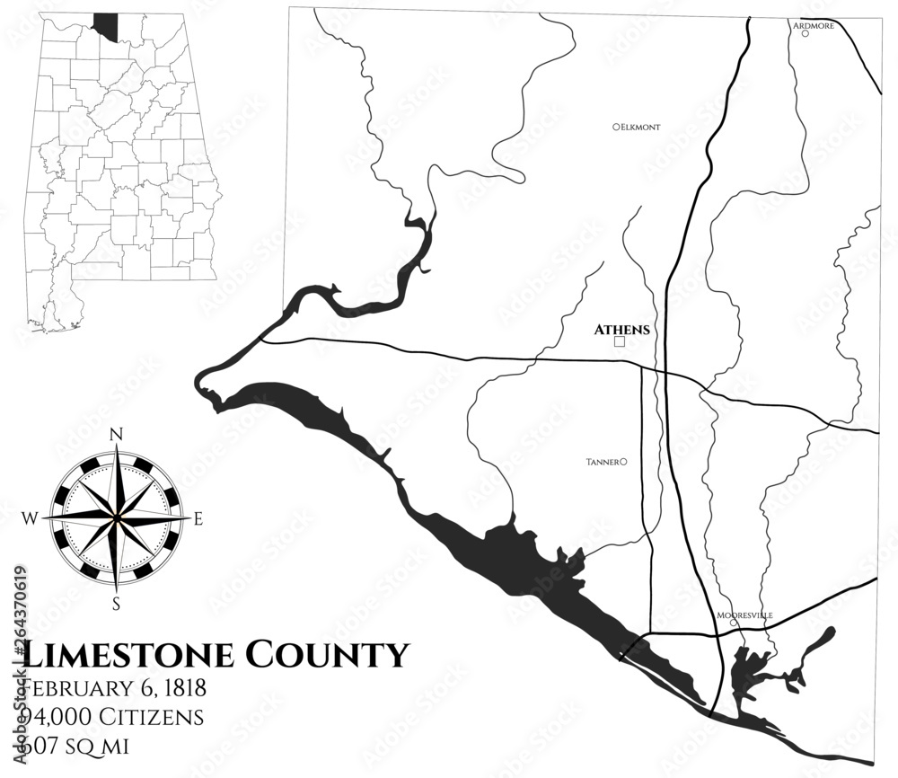 Large and detailed map of Limestone county in Alabama, USA Stock Vector