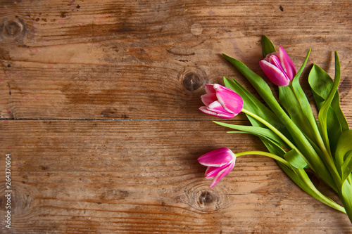 Beautiful pink tulips flowers on the wooden table