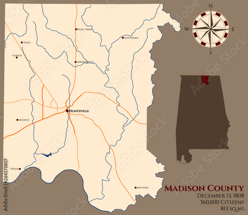 Large and detailed map of Madison county in Alabama, USA