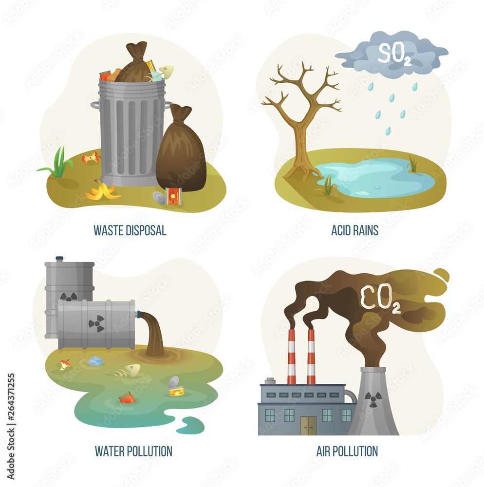 Environmental problems vector, set of issues on earth, waste