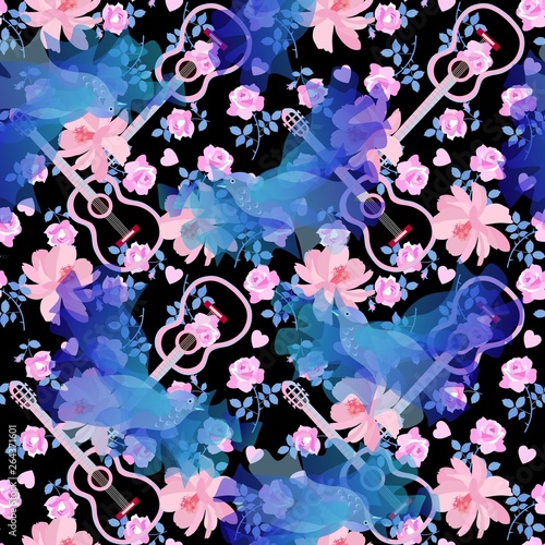 Seamless musical pattern with guitars, pink flowers and blue birds on black background.