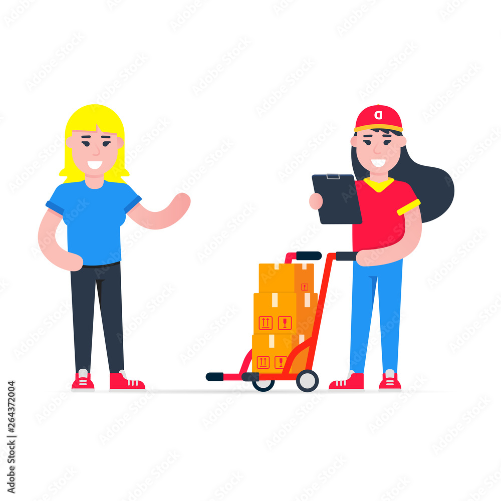 Fast delivery girl character with clipboard and trolley and boxes on it flat style design standing near woman recipient vector illustration. Delivery woman with clipboard in her hands. Fast and free. Fast delivery girl character with clipboard and trolley and boxes on it flat style design standing near woman recipient vector illustration. Delivery woman with clipboard in her hands. Fast and free.