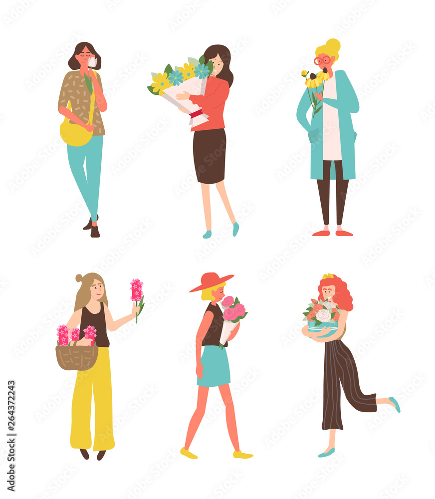 Women holding bouquet, happy girls embracing flavor, portrait and side view of females with flowers, element of decoration, 8 March greetings vector Women holding bouquet, happy girls embracing flavor, portrait and side view of females with flowers, element of decoration, 8 March greetings vector
