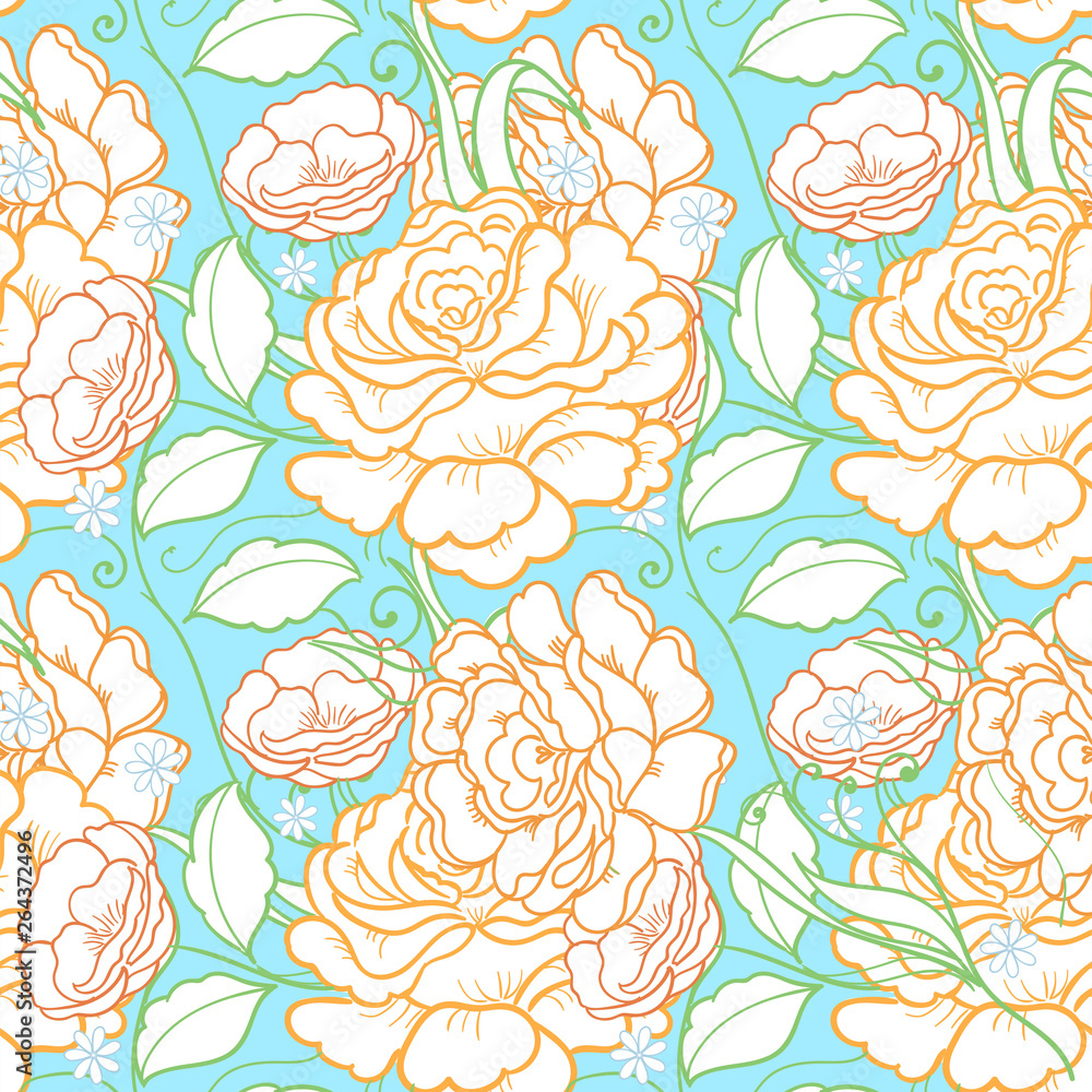 Seamless background with pink roses. Ornamental pattern with beautiful garden floral motif. Great for fabric and textile, wallpaper, packaging or any desired idea.
