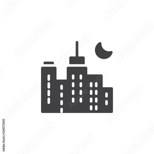 Night cityscape with moon vector icon. filled flat sign for mobile concept and web design. Skyscrapers, city buildings glyph icon. Nightlife Symbol, logo illustration. Vector graphics