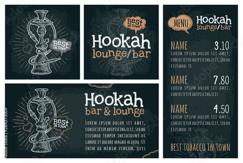 Hookah with rays. Vector vintage engraving illustration on dark
