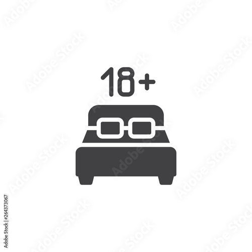 18 age content vector icon. filled flat sign for mobile concept and web design. Double hotel bed room with 18 number glyph icon. Adults only symbol, logo illustration. Pixel perfect vector graphics